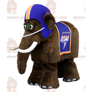 Costume mascotte BIGGYMONKEY™ da mammut marrone con elmetto blu