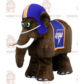 Braunes Mammut BIGGYMONKEY™ Maskottchenkostüm mit blauem Helm -