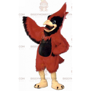 Traje de mascote de pássaro vermelho e preto muito majestoso