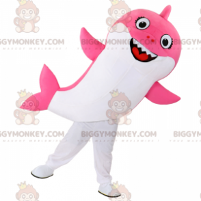 Traje de mascote de tubarão rosa sorridente BIGGYMONKEY™ –