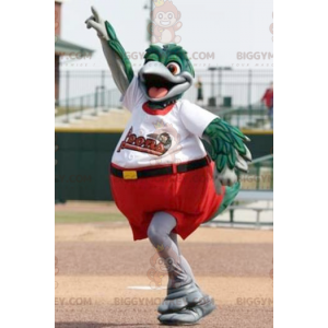 BIGGYMONKEY™ Mascot Costume Big Green and Gray Bird Dressed in