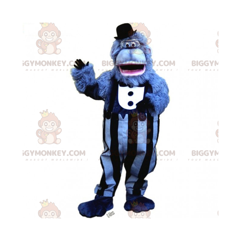 Blauer Affe BIGGYMONKEY™ Maskottchen-Kostüm mit Anzug und Hut -