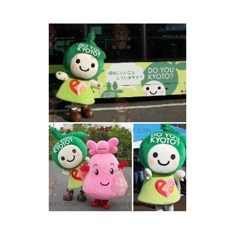 2 mascote de personagens de mangá verde e rosa do BIGGYMONKEY™