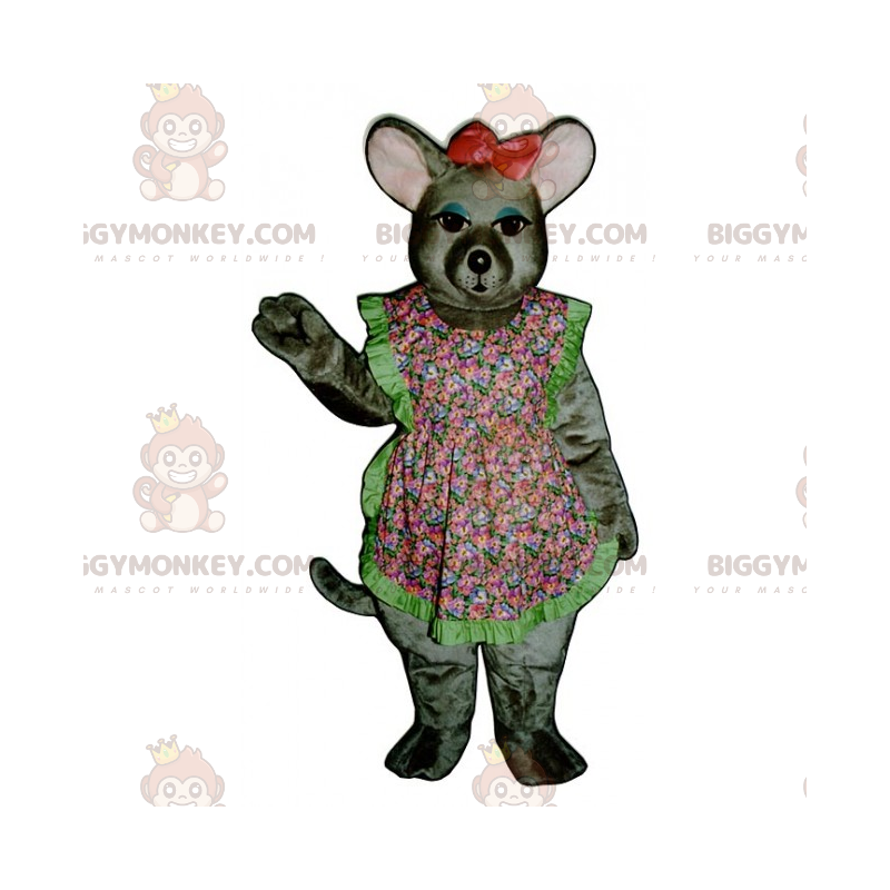 Kostým myška BIGGYMONKEY™ maskota s květinovou zástěrou a mašlí