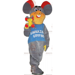 Κοστούμι μασκότ με γκρι ποντίκι κόκκινο αυτί BIGGYMONKEY™ -