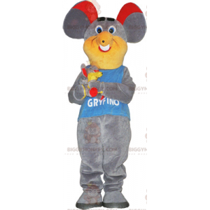 Κοστούμι μασκότ με γκρι ποντίκι κόκκινο αυτί BIGGYMONKEY™ -