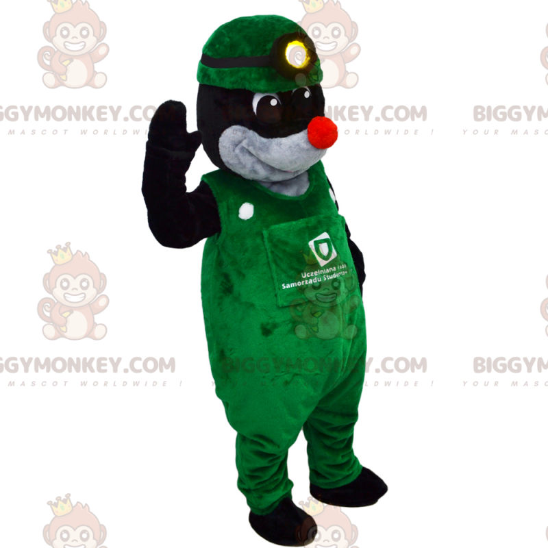 Mole BIGGYMONKEY™ mascottekostuum met groene overall -