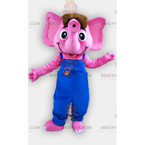 BIGGYMONKEY™ Rosa Elefant-Maskottchen-Kostüm mit blauem Overall