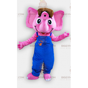 Traje de mascote de elefante rosa BIGGYMONKEY™ com macacão azul