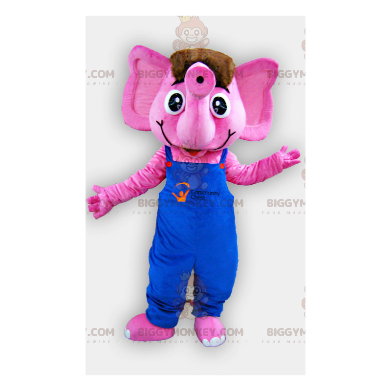 BIGGYMONKEY™ roze olifant mascotte kostuum met blauwe overall -