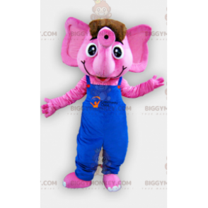 BIGGYMONKEY™ roze olifant mascotte kostuum met blauwe overall -