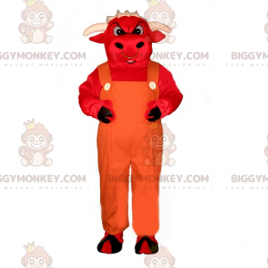 Costume de mascotte BIGGYMONKEY™ de taureau rouge en salopette