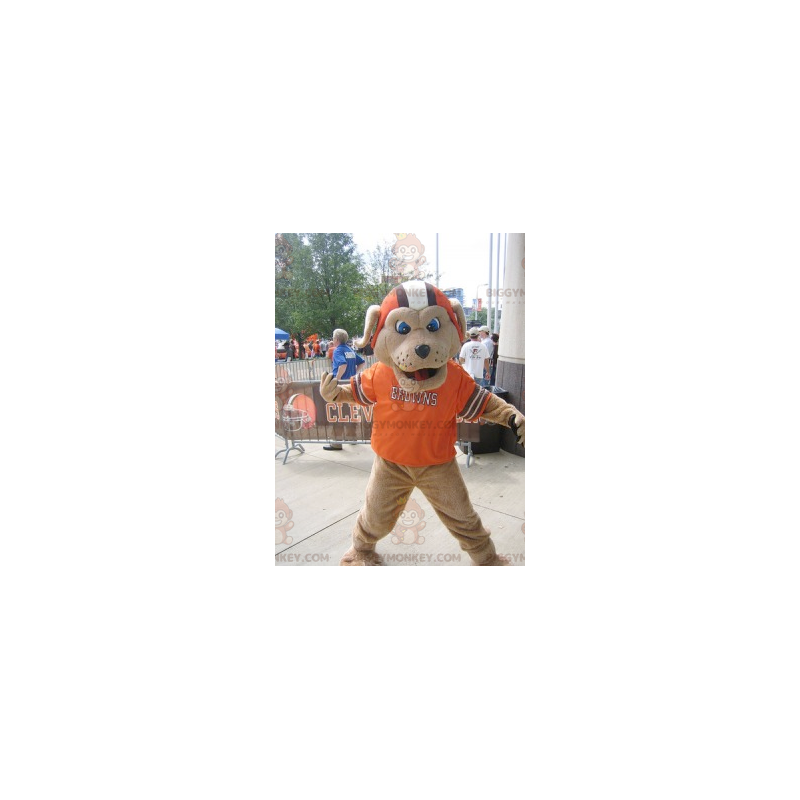 Brun hund BIGGYMONKEY™ maskotkostume med hjelm og orange