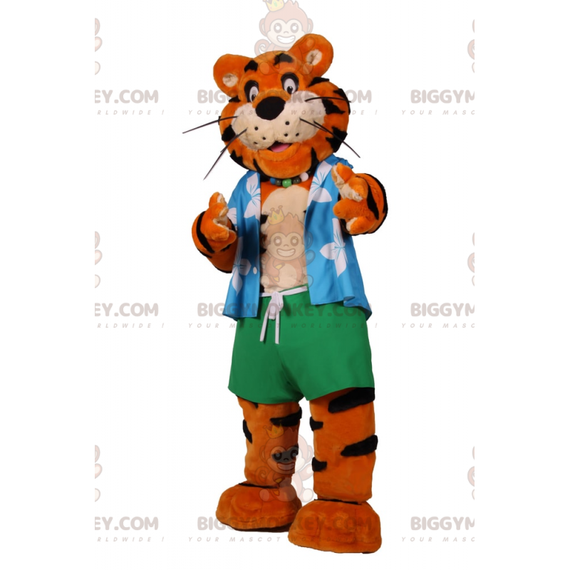 Costume de mascotte BIGGYMONKEY™ de tigre avec tenue de plage -