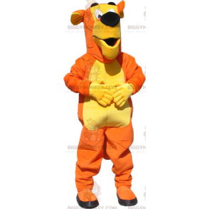 Traje de mascote de tigre bicolor laranja e amarelo