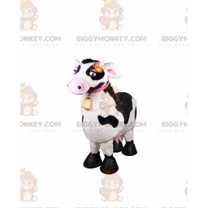 Traje de mascote de vaca BIGGYMONKEY™ com gola rosa e sino –