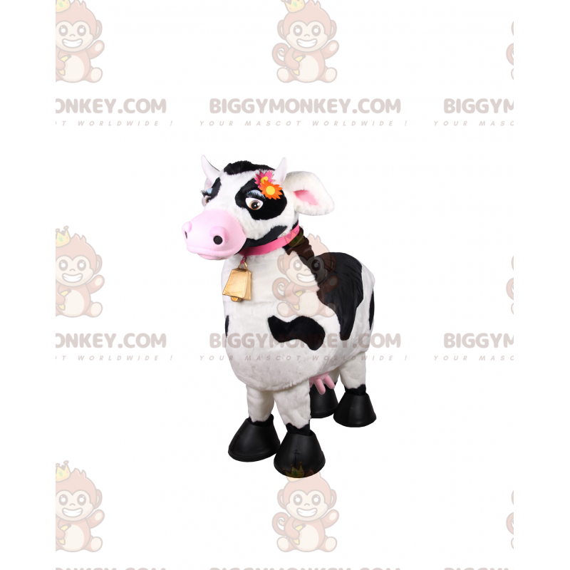 Traje de mascote de vaca BIGGYMONKEY™ com gola rosa e sino –