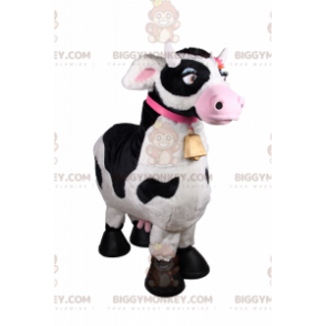 Traje de mascote de vaca BIGGYMONKEY™ com gola rosa e sino –