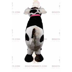 Traje de mascote de vaca BIGGYMONKEY™ com gola rosa e sino –