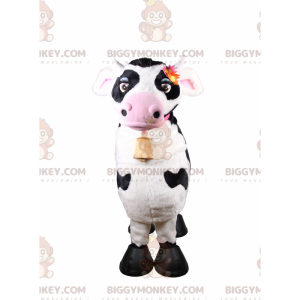 Traje de mascote de vaca BIGGYMONKEY™ com gola rosa e sino –