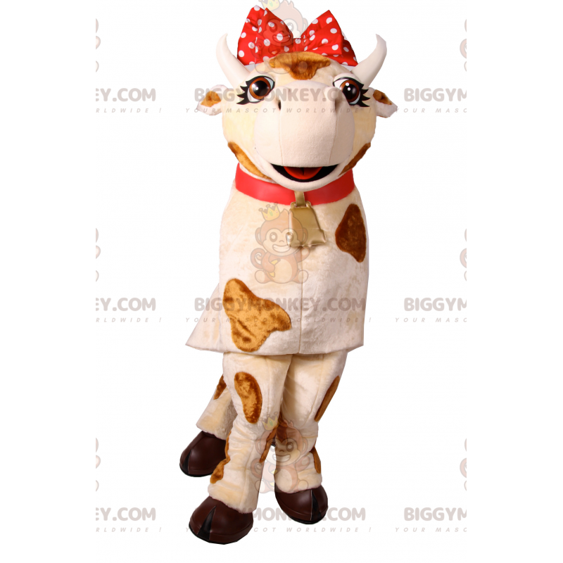 Cow BIGGYMONKEY™ Mascot Costume with Red Bow and Bell -