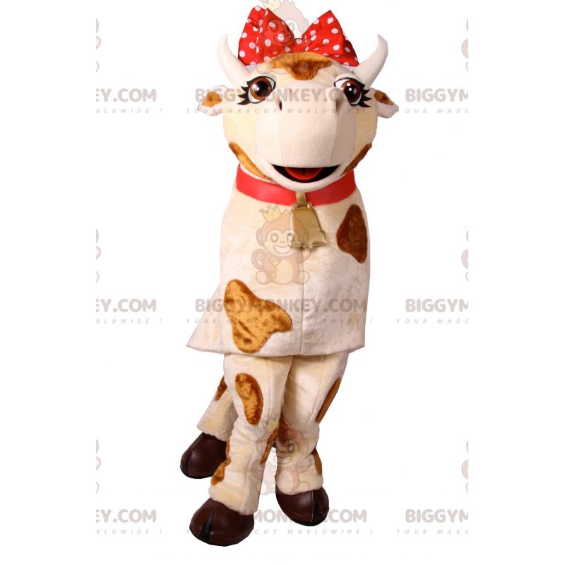 Cow BIGGYMONKEY™ Mascot Costume with Red Bow and Bell –