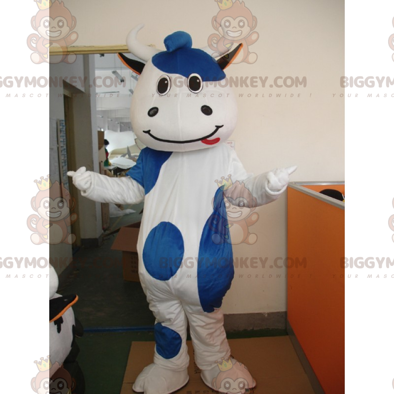 Costume de mascotte BIGGYMONKEY™ de vache blanc et bleu -