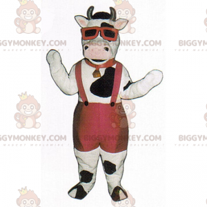 Traje de mascote Cow BIGGYMONKEY™ em bermudas e suspensórios –