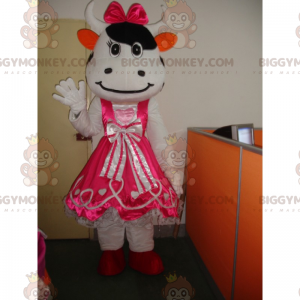 Traje de mascote de vaca BIGGYMONKEY™ com vestido e laço de