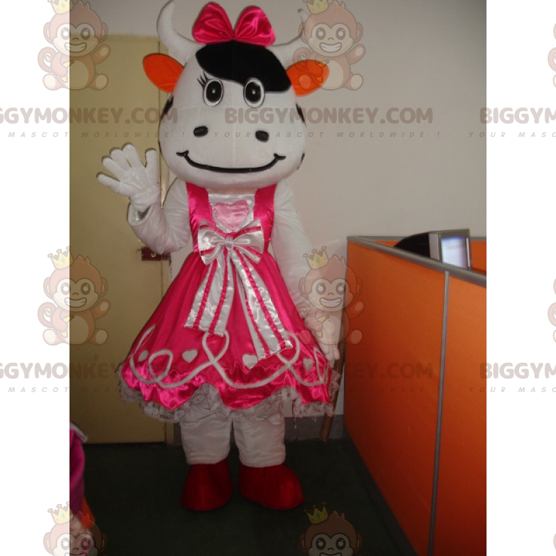 BIGGYMONKEY™ Cow Mascot Costume in Princess Dress and Bow –