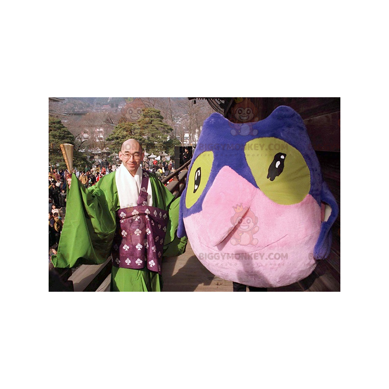 Costume de mascotte BIGGYMONKEY™ de hibou d'oiseau bleu rose et