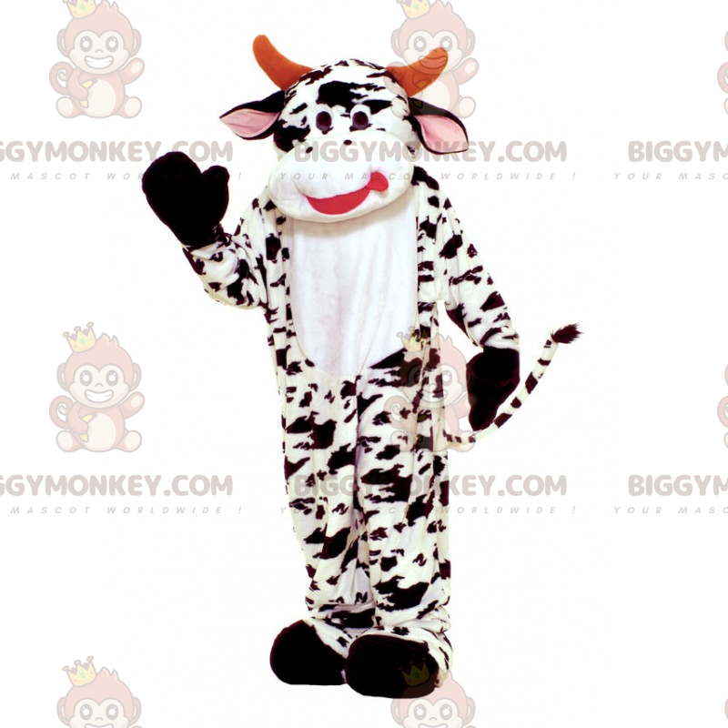 Disfraz de mascota BIGGYMONKEY™ de piel de vaca con cuerno rojo