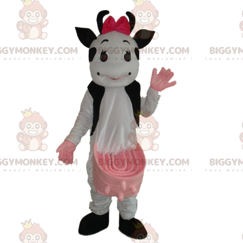 Cowhide BIGGYMONKEY™ Mascot Costume with Pink Bow –