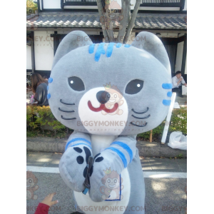 Disfraz de mascota estilo manga de gato azul y gris gordo
