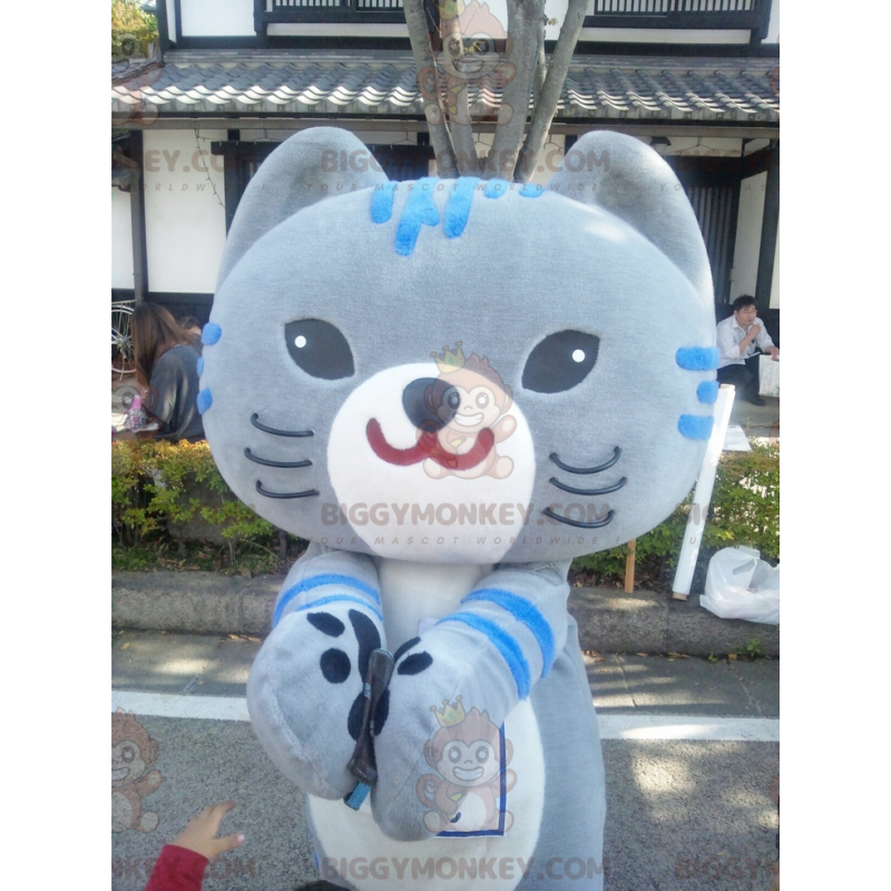 Kostým maskota ve stylu manga BIGGYMONKEY™ Fat Grey & Blue Cat