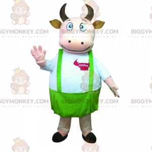 Lehmännahkainen BIGGYMONKEY™ maskottiasu vihreällä esiliinalla