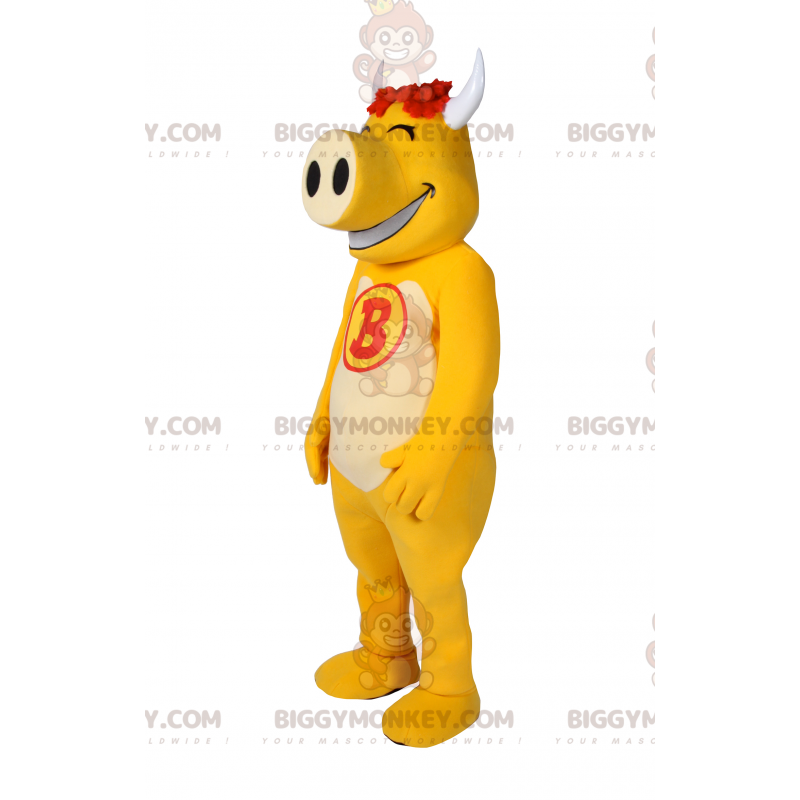 Gelbes BIGGYMONKEY™-Maskottchen-Kostüm aus Rindsleder -