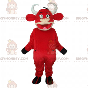 Mascottekostuum van rode koeienhuid BIGGYMONKEY™ met overall -