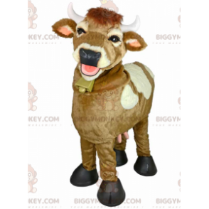 Traje de mascote de vaca sorridente BIGGYMONKEY™ com sino no