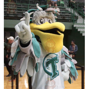 Kostým maskota BIGGYMONKEY™ šedého a zeleného pelikána s velkým
