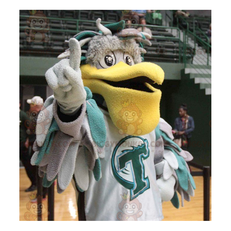 BIGGYMONKEY™ Mascot Costume of Gray and Green Pelican with Big