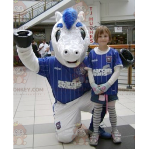 Costume de mascotte BIGGYMONKEY™ de poney blanc et bleu en