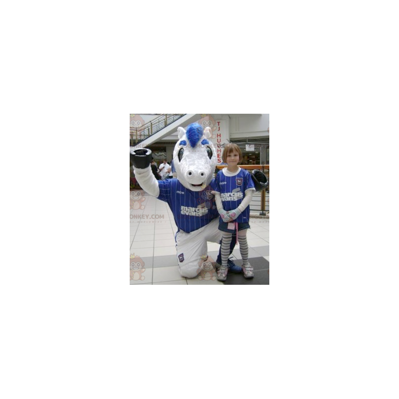 White and Blue Pony BIGGYMONKEY™ Mascot Costume in Sportswear -