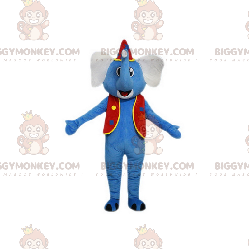 BIGGYMONKEY™ Maskottchen-Kostüm Blauer Elefant im Zirkus-Outfit