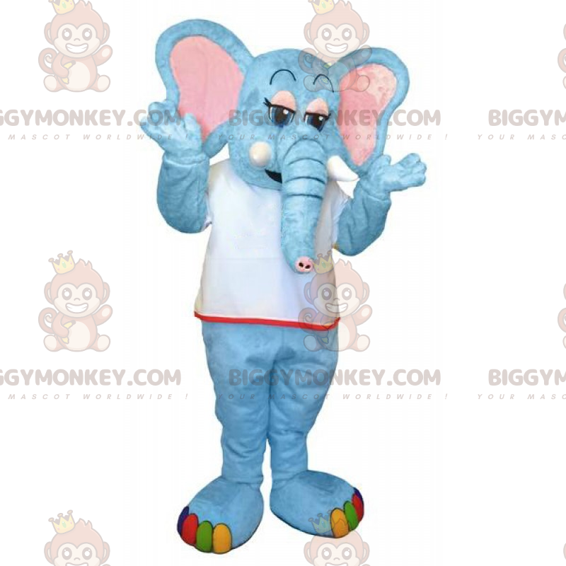 Blauwe olifant en regenboogvoeten BIGGYMONKEY™ mascottekostuum