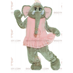 BIGGYMONKEY™ Maskotdräkt Grå elefant i rosa klänning -