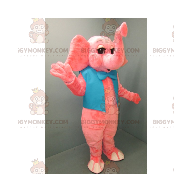 BIGGYMONKEY™ Mascottekostuum roze olifant met blauwe vlinderdas