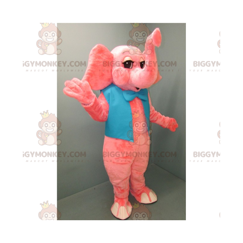 BIGGYMONKEY™ maskotkostume Pink elefant med blå sløjfe -