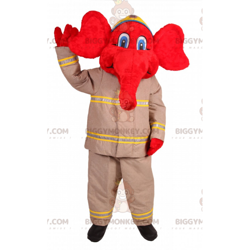 BIGGYMONKEY™ Maskottchenkostüm Roter Elefant im Feuerwehrkostüm