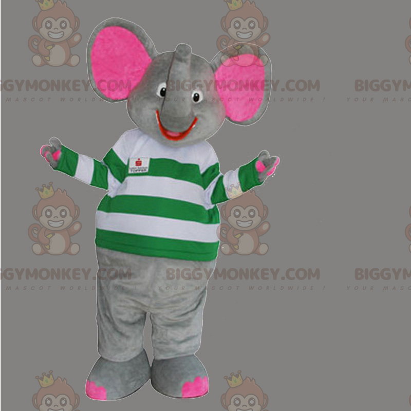 Traje de mascote de elefante sorridente BIGGYMONKEY™ com suéter